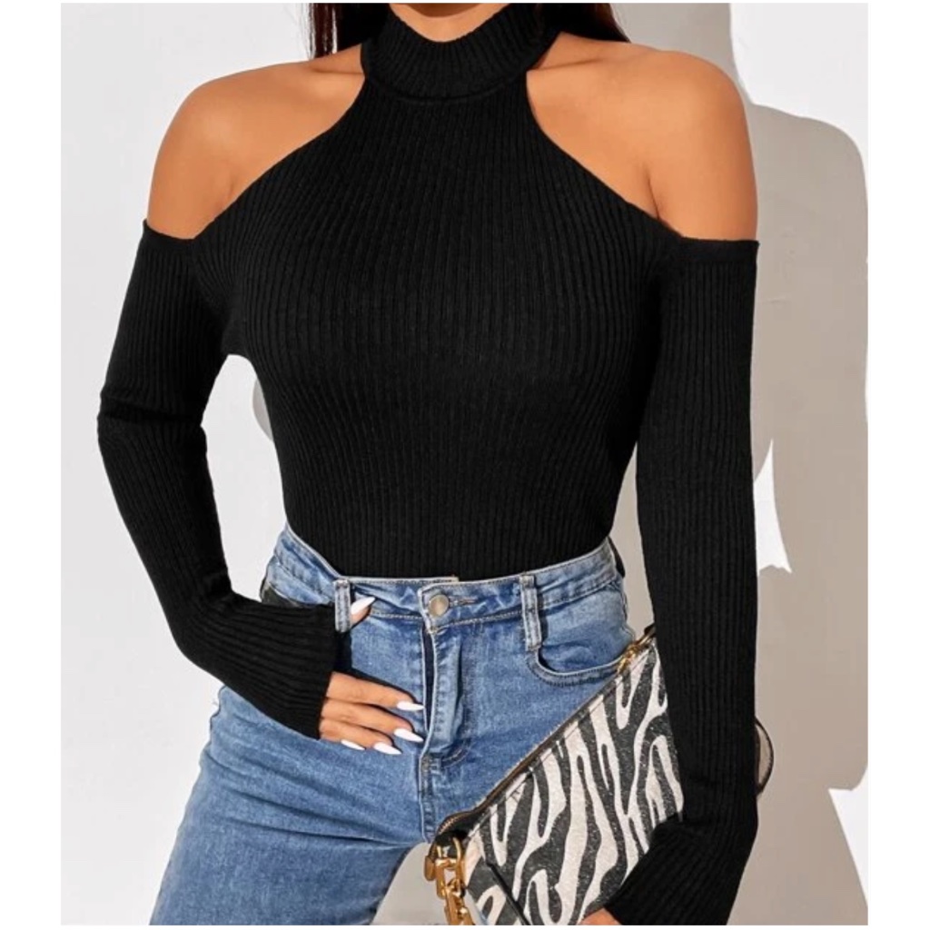 Black Cold Shoulder Fitted Sweater Top